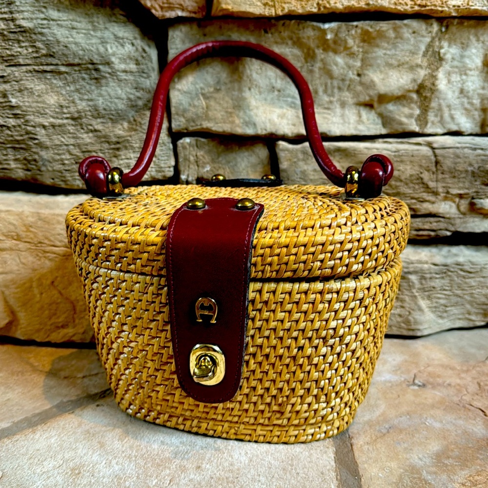 Vintage 70s ETIENNE AIGNER Handmade Wicker Top Handle Handbag Basket Box Bag